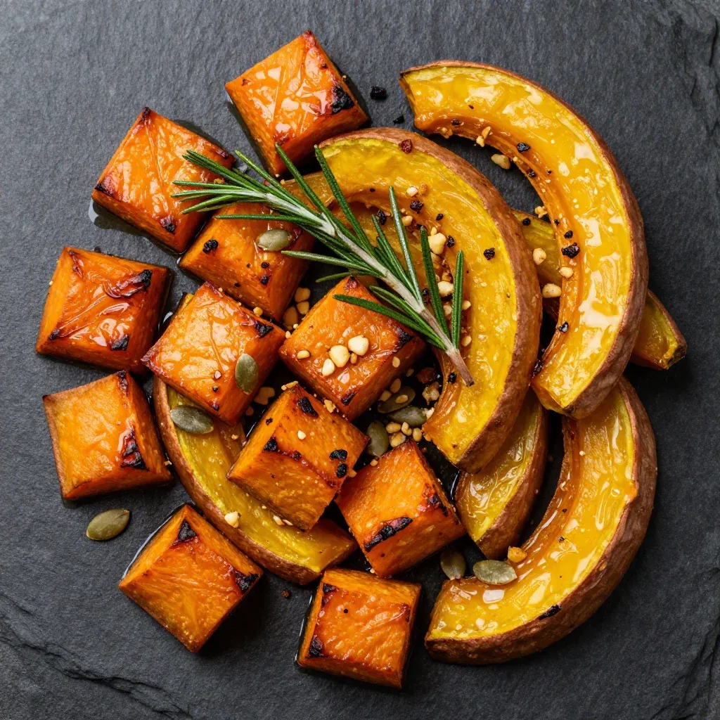 budgetfriendly garlic roasted sweet potato and winter squash medley