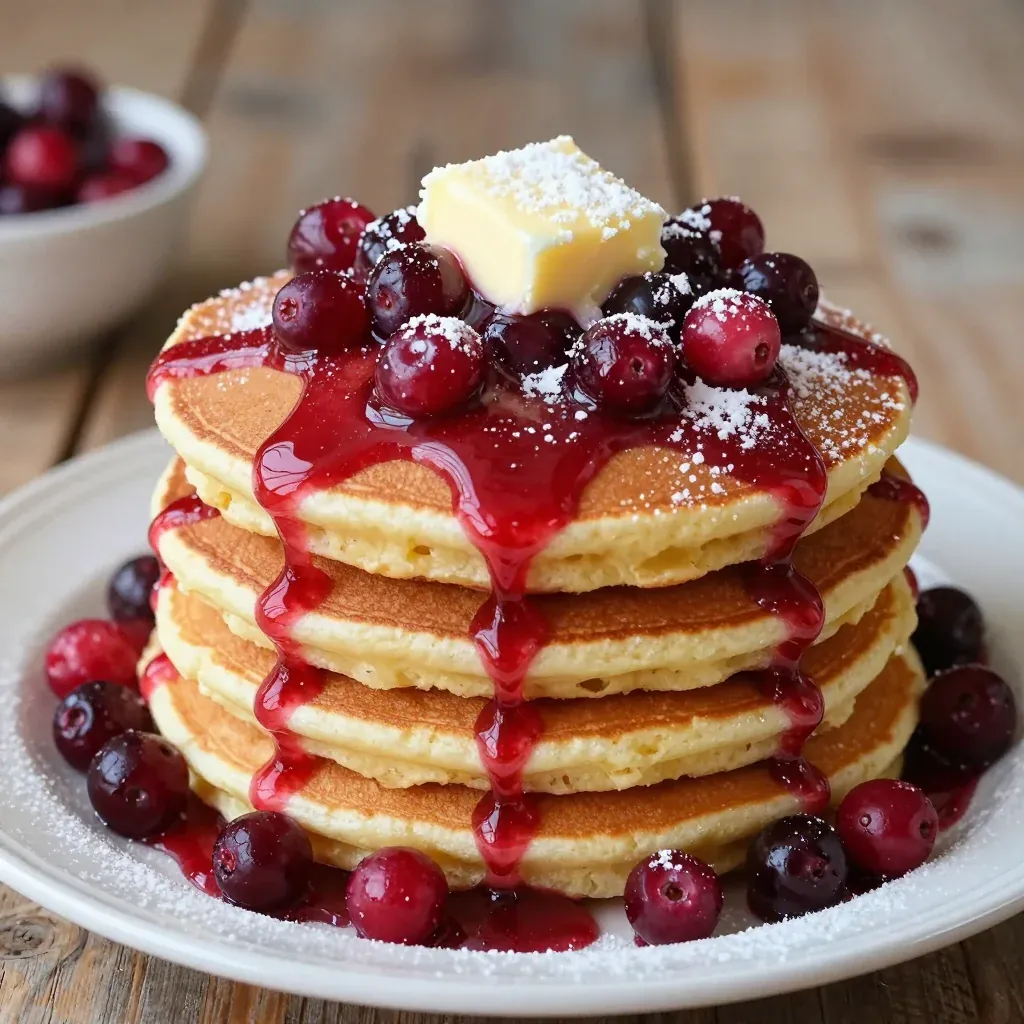 fluffy vanilla bean pancakes with warm cranberry compote for holiday mornings