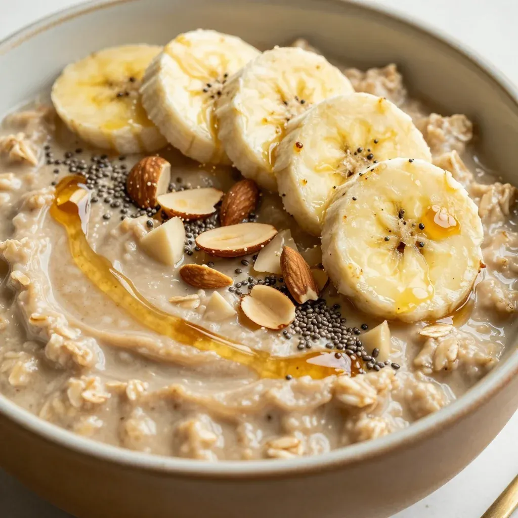 Warm Almond Butter Oatmeal with Banana Slices for Breakfast