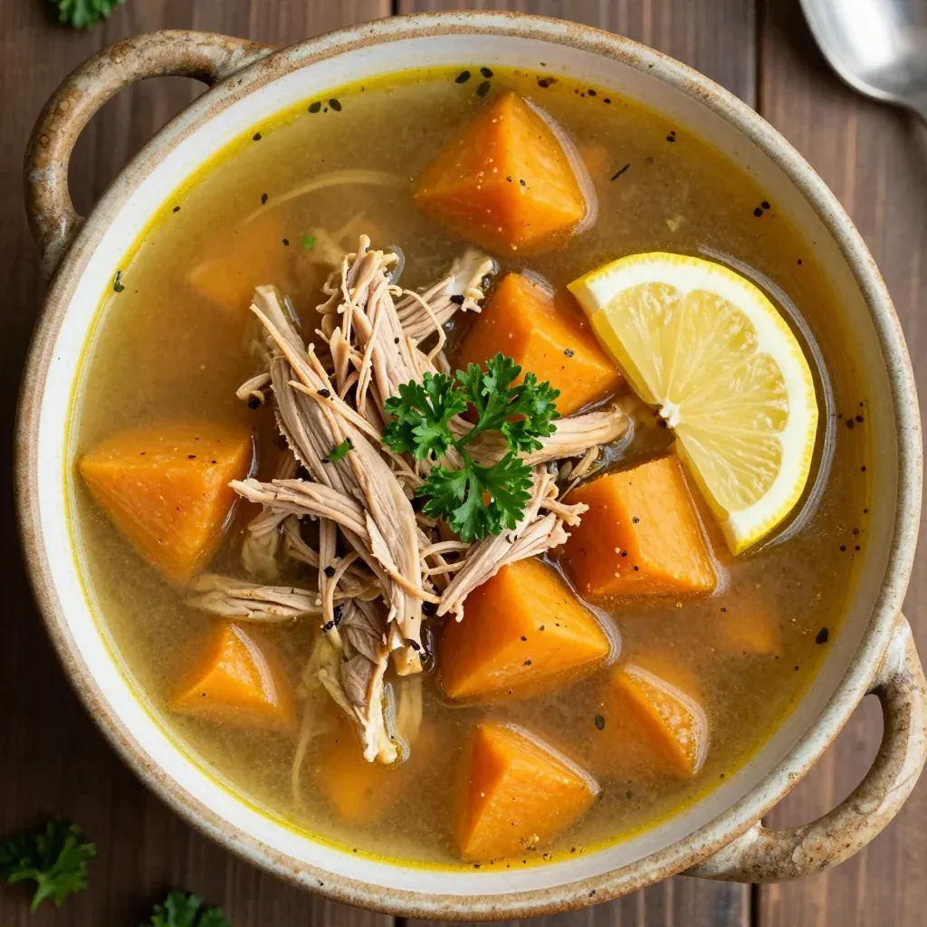slow cooker chicken and sweet potato soup with garlic and lemon for cold nights