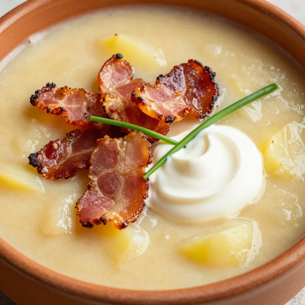 Cozy Creamy Potato and Leek Soup with Crispy Bacon Crumbles
