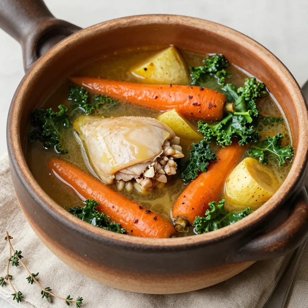 creamy slow cooker chicken and root vegetable soup with winter greens