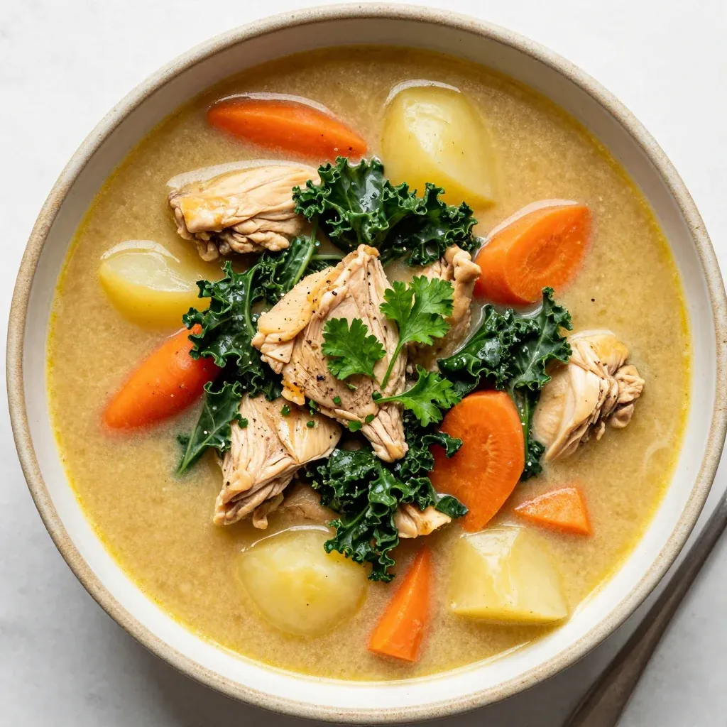 creamy slow cooker chicken and root vegetable soup with winter greens