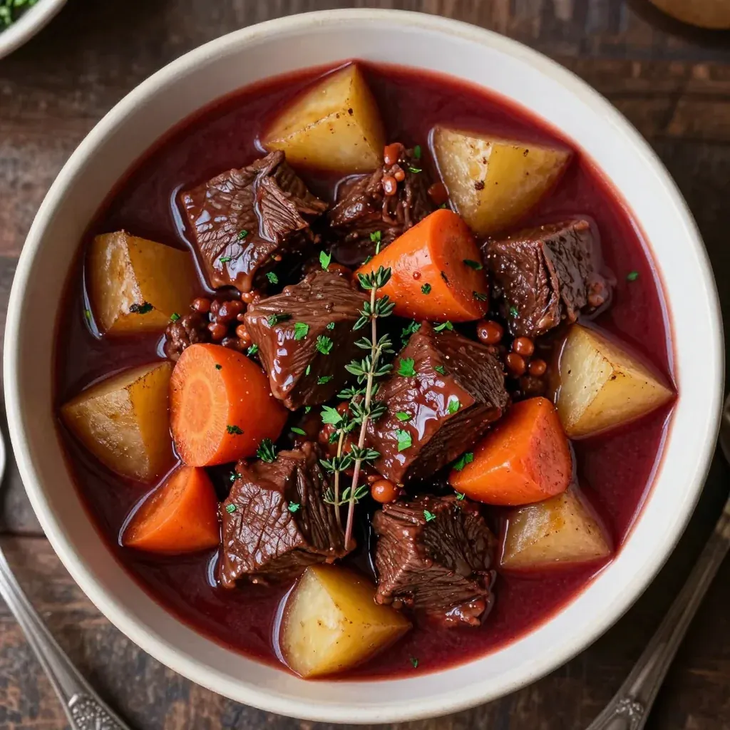 slow cooker beef and root vegetable stew with red wine for winter