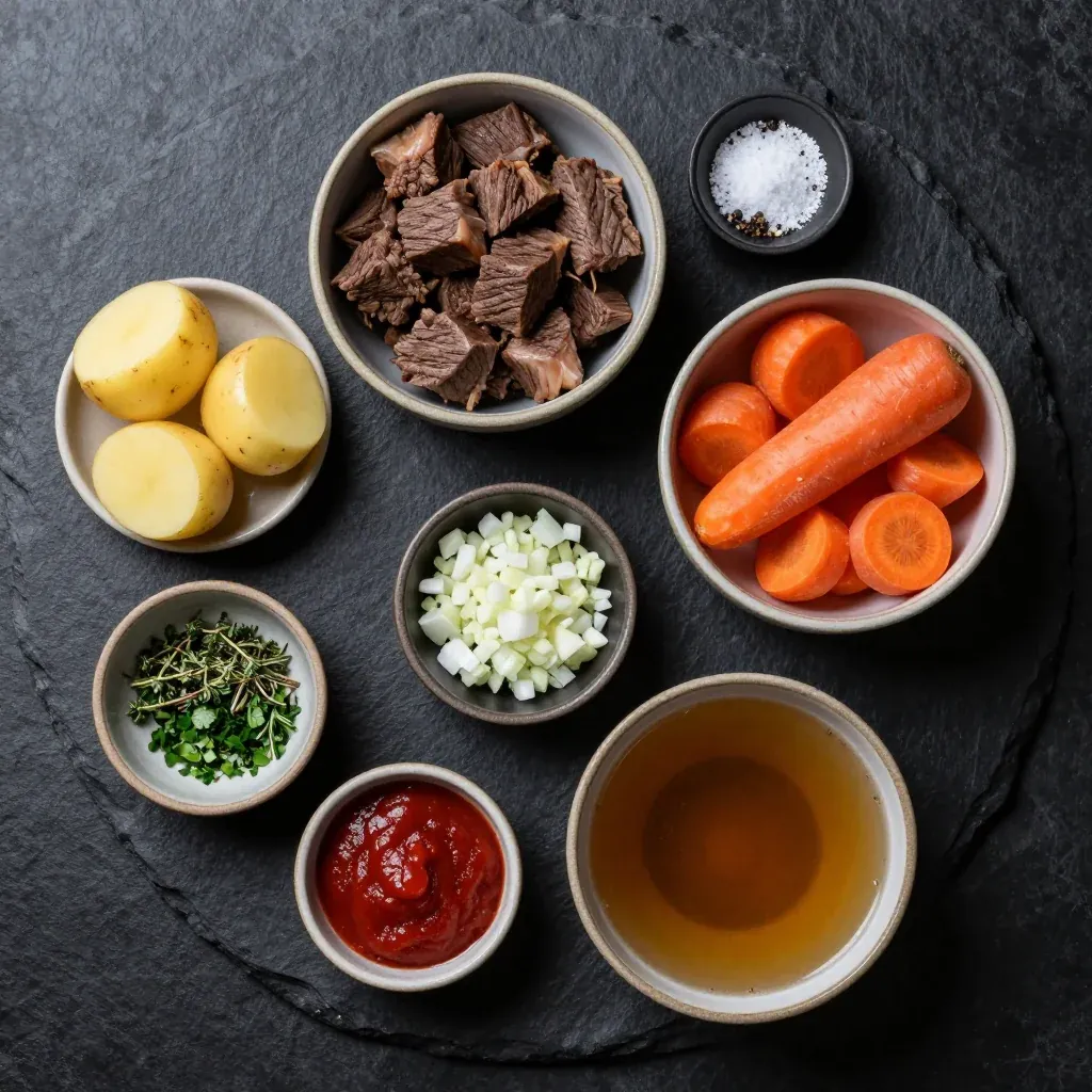 Fresh ingredients arranged for beef stew including beef chuck, carrots, herbs, and vegetables