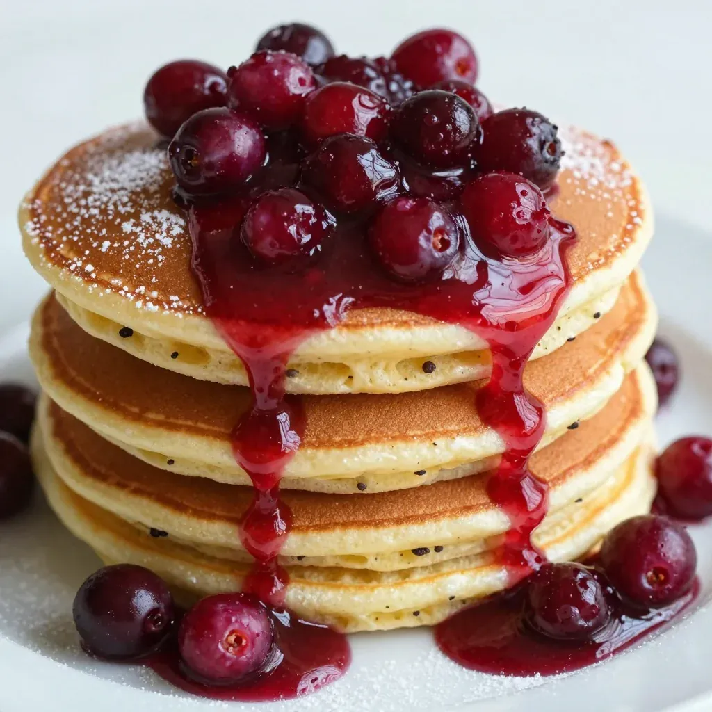 fluffy vanilla bean pancakes with warm cranberry compote for holiday mornings