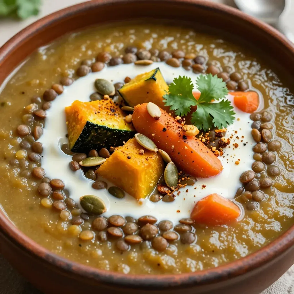 nourishing high protein lentil and winter squash soup for meal prep