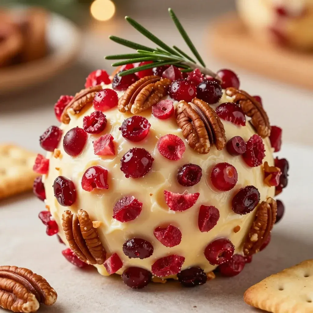 festive holiday cheese ball rolled in cranberries and toasted pecans