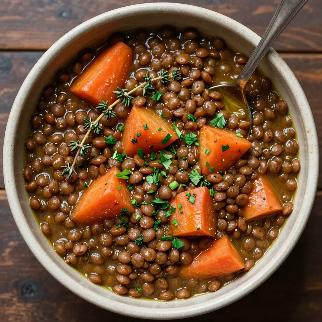 batch cook garlic and herb lentil stew with carrots and parsnips