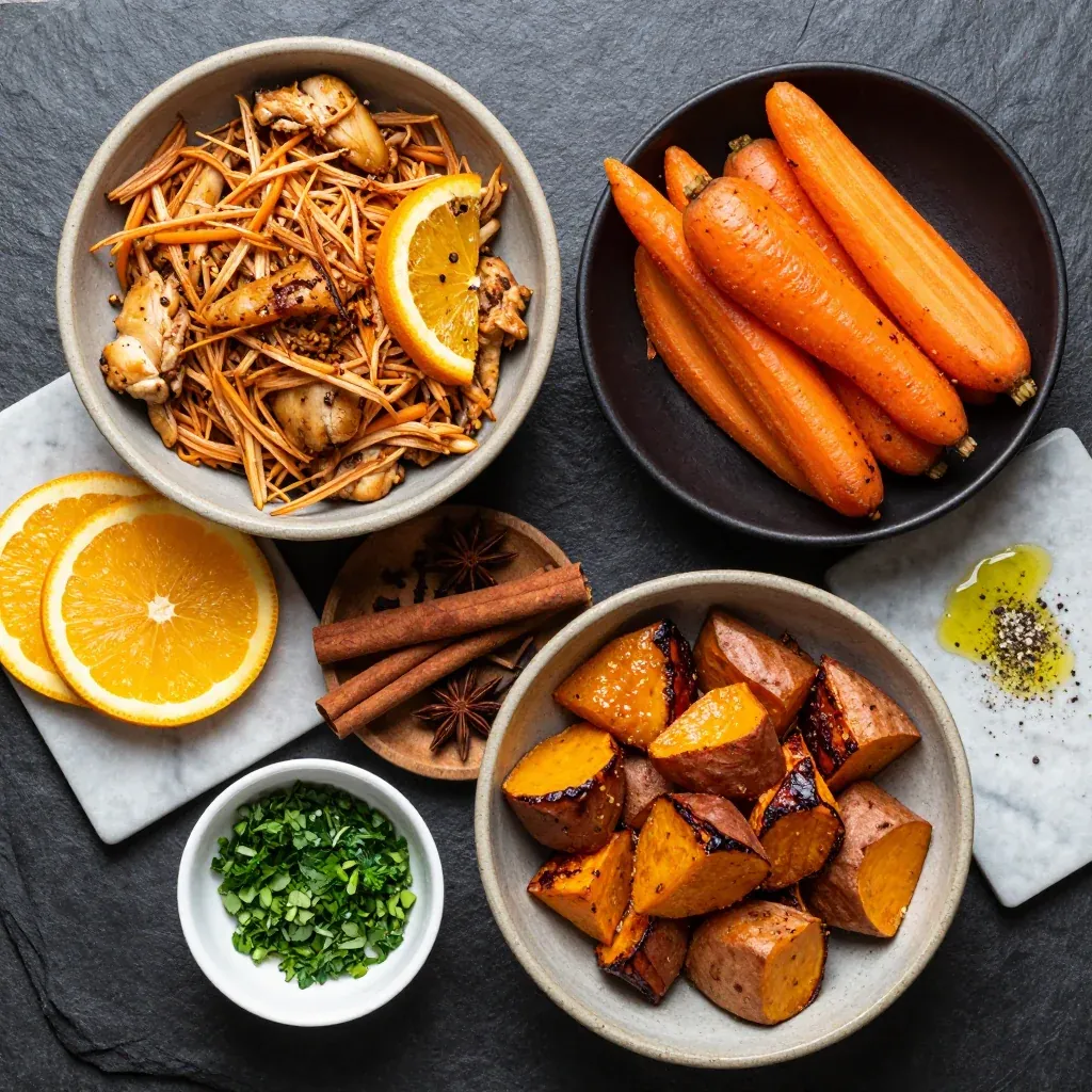 Ingredients for warm spiced citrus chicken with carrots and sweet potatoes