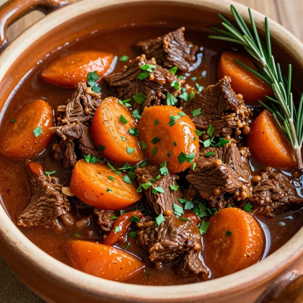 comforting slow cooker beef and carrot stew with fresh herbs
