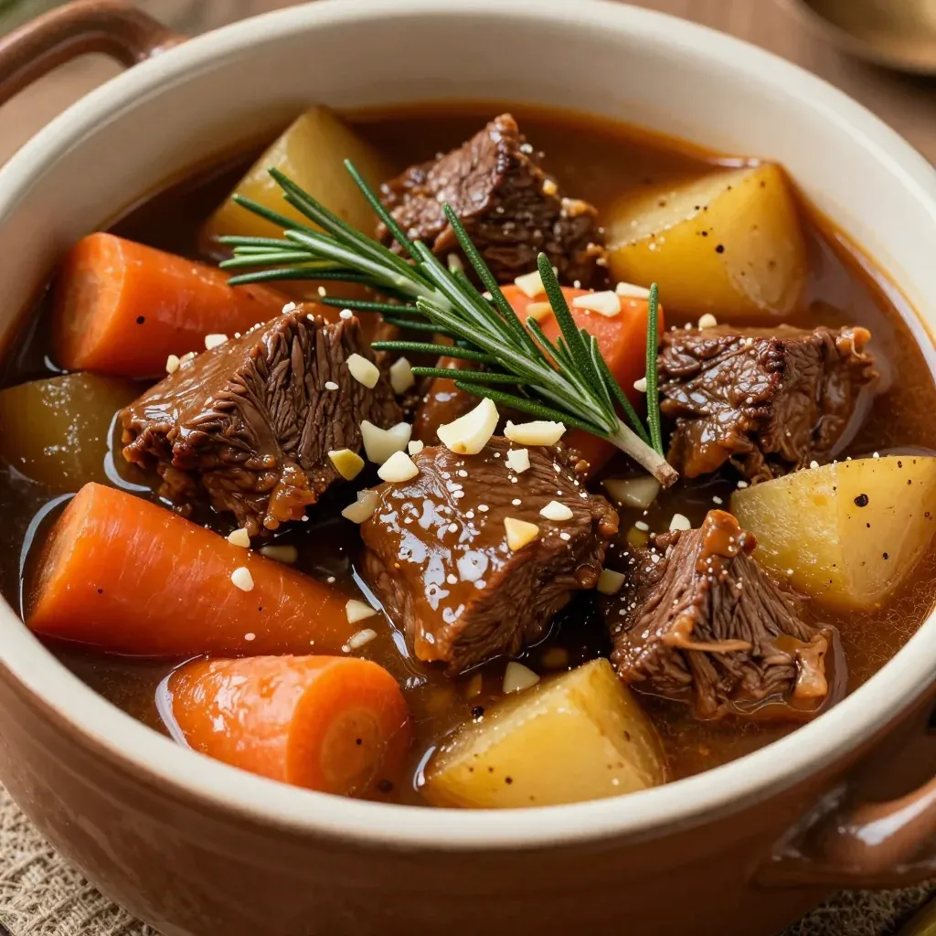 one pot garlic and rosemary beef stew with mixed winter vegetables for families