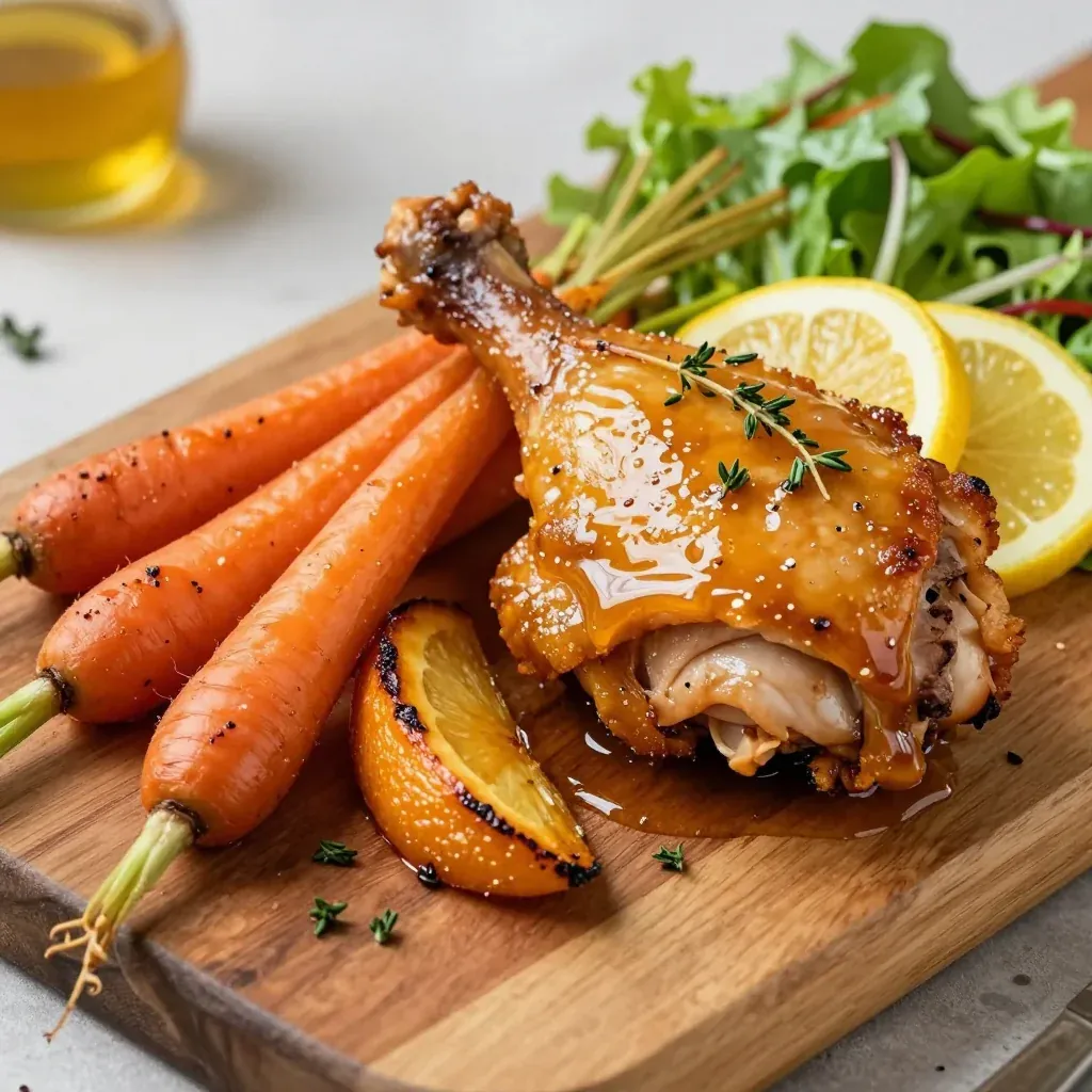warm citrus glazed chicken with roasted carrots and parsnips