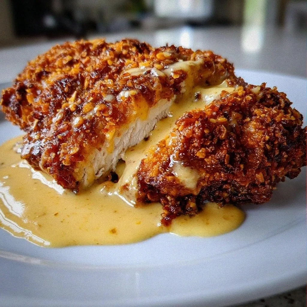 Pretzel Chicken with Mustard-Cheddar Sauce Delight