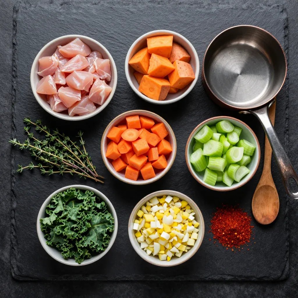 Ingredients for healthy batch cooked chicken and sweet potato stew for family meals