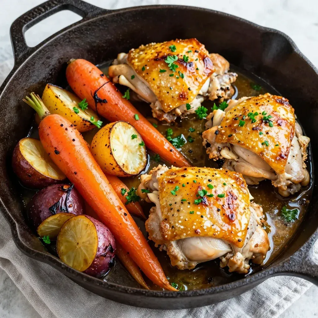 batch cooked lemon garlic chicken with roasted root vegetables for family meals