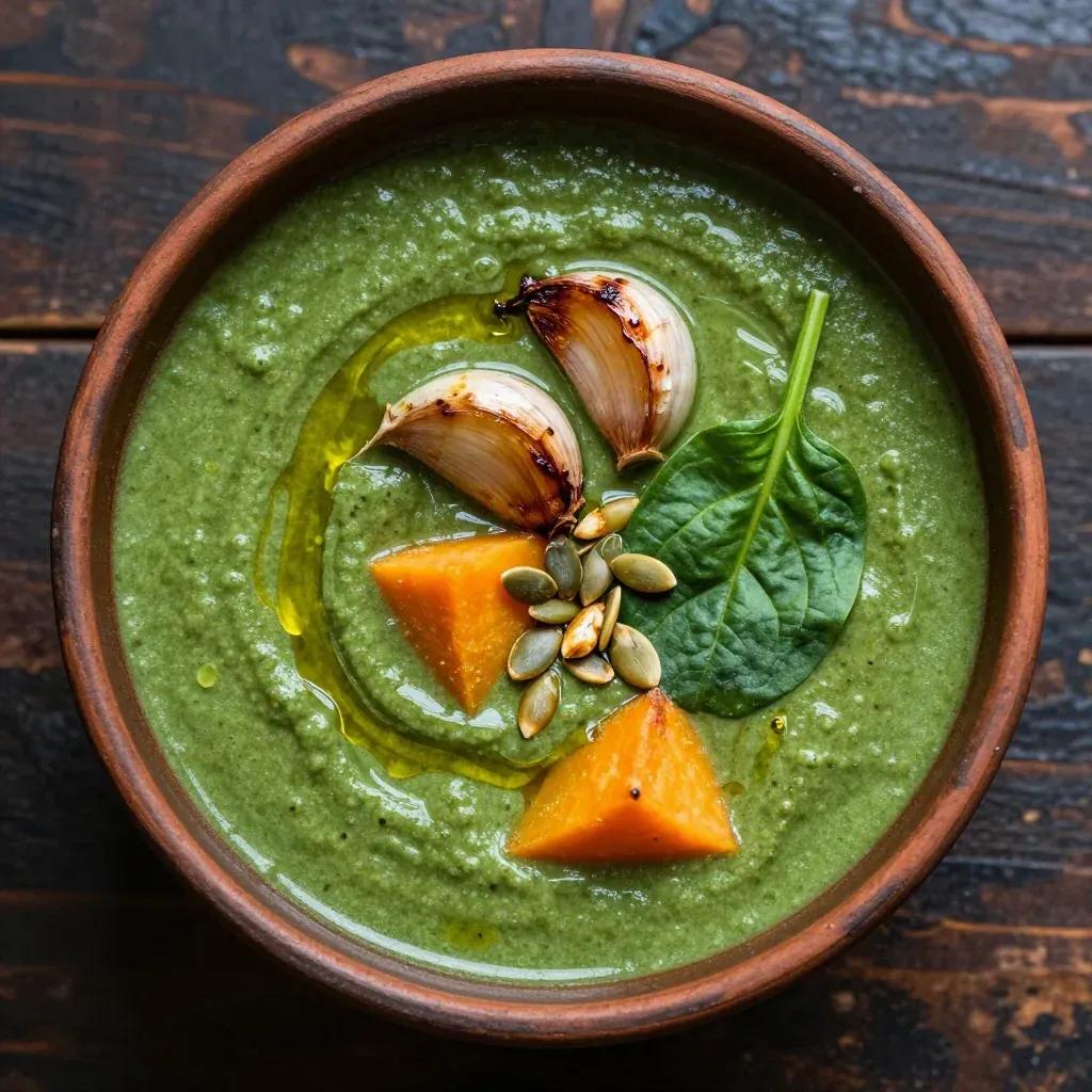 healthy slow cooker spinach and sweet potato soup with garlic