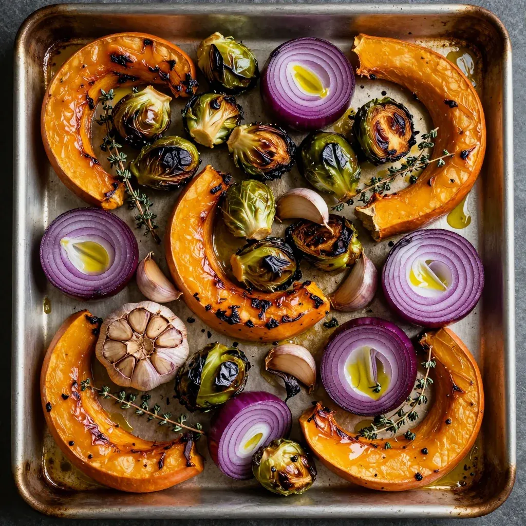 batch cooking roasted winter vegetables with garlic and herbs