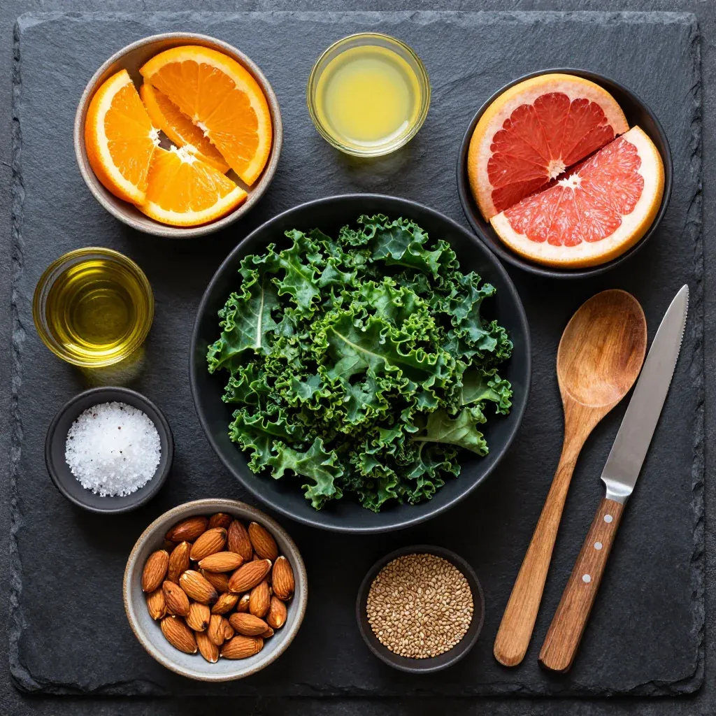 Ingredients for warm citrus kale salad with oranges and grapefruit for morning meal prep