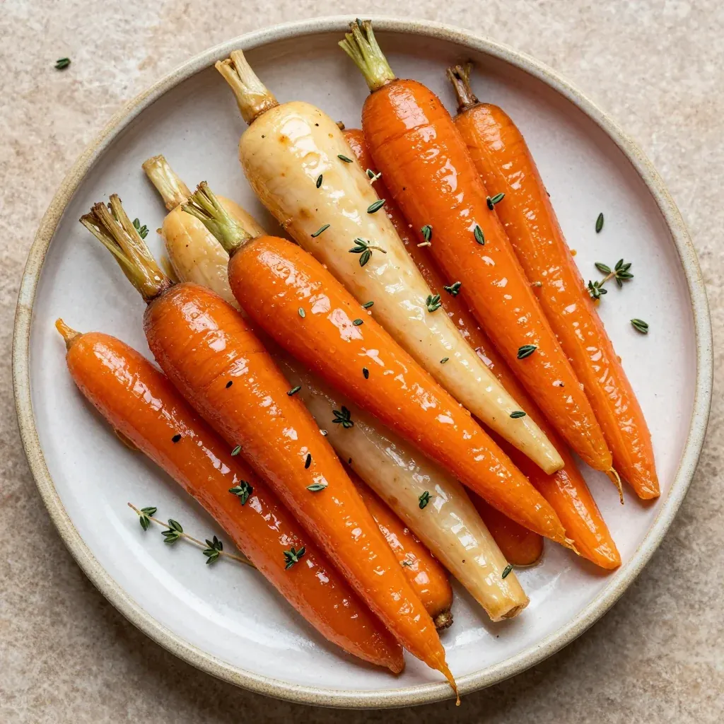 maple glazed carrots and parsnips with fresh thyme for side dishes