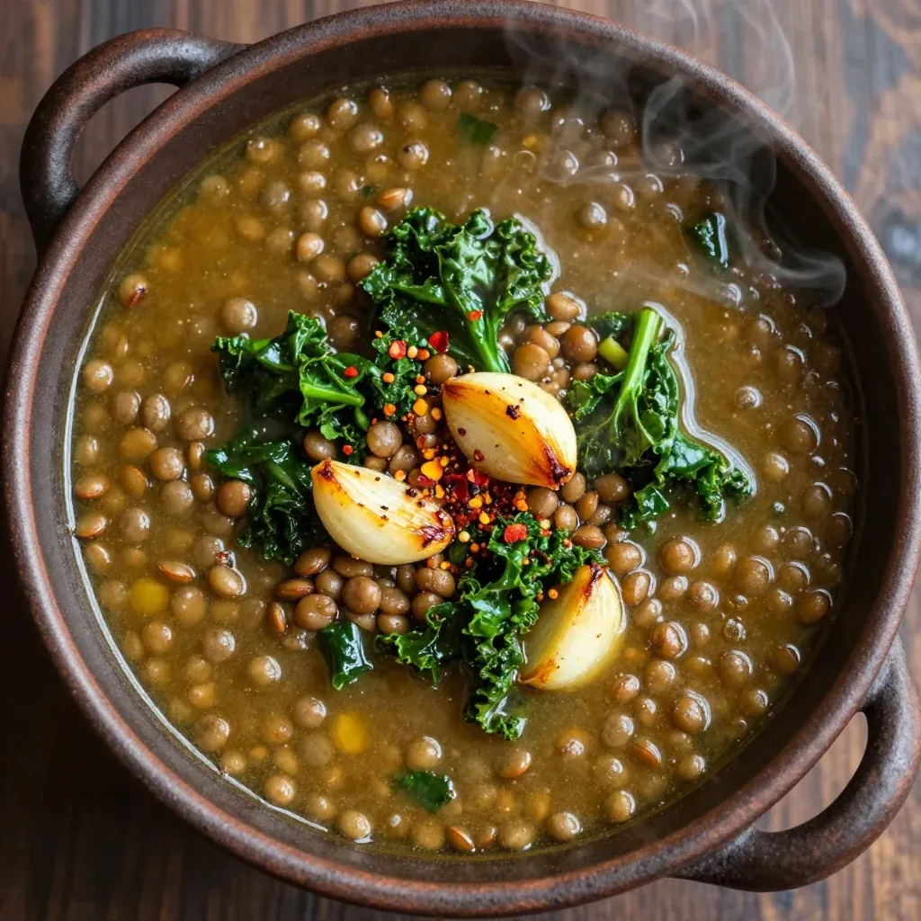 onepot lentil and kale soup with garlic for winter meal prep