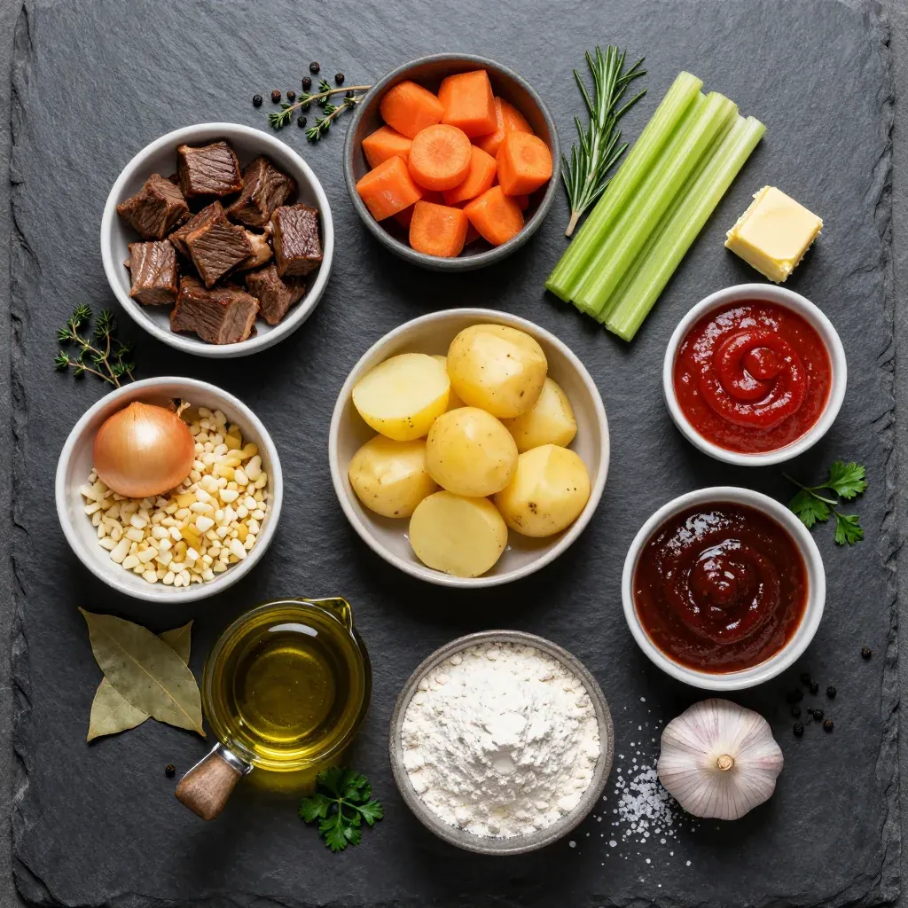 Ingredients for cozy onepot beef and winter vegetable stew with garlic and herbs