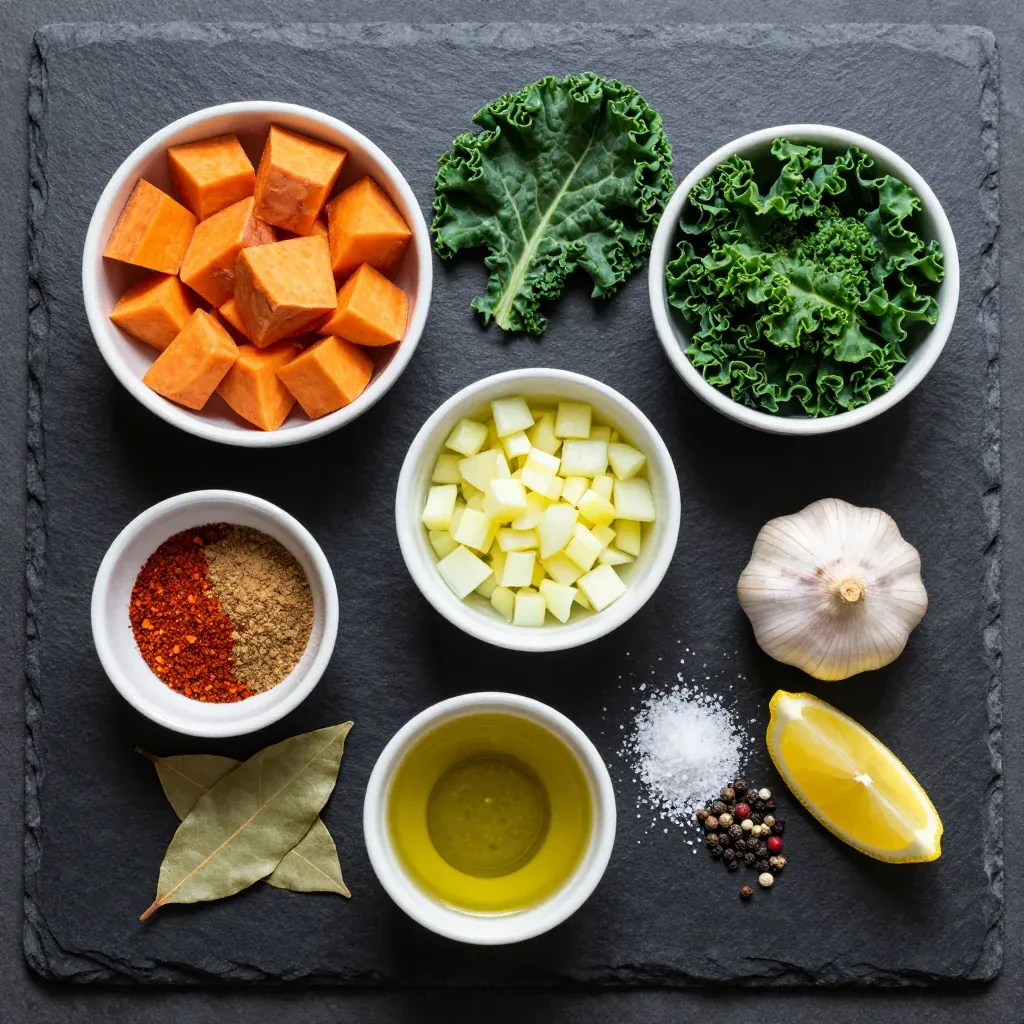 Ingredients for healthy onepot kale and sweet potato soup for chilly winter days