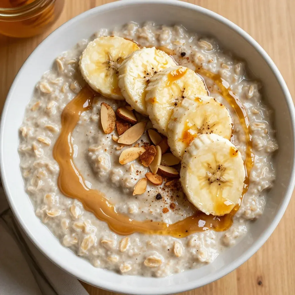 Warm Almond Butter Oatmeal with Banana Slices for Breakfast