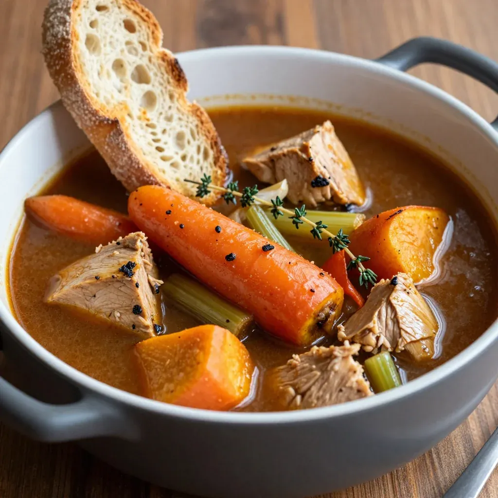 batch cooked turkey and sweet potato stew with garlic for healthy suppers