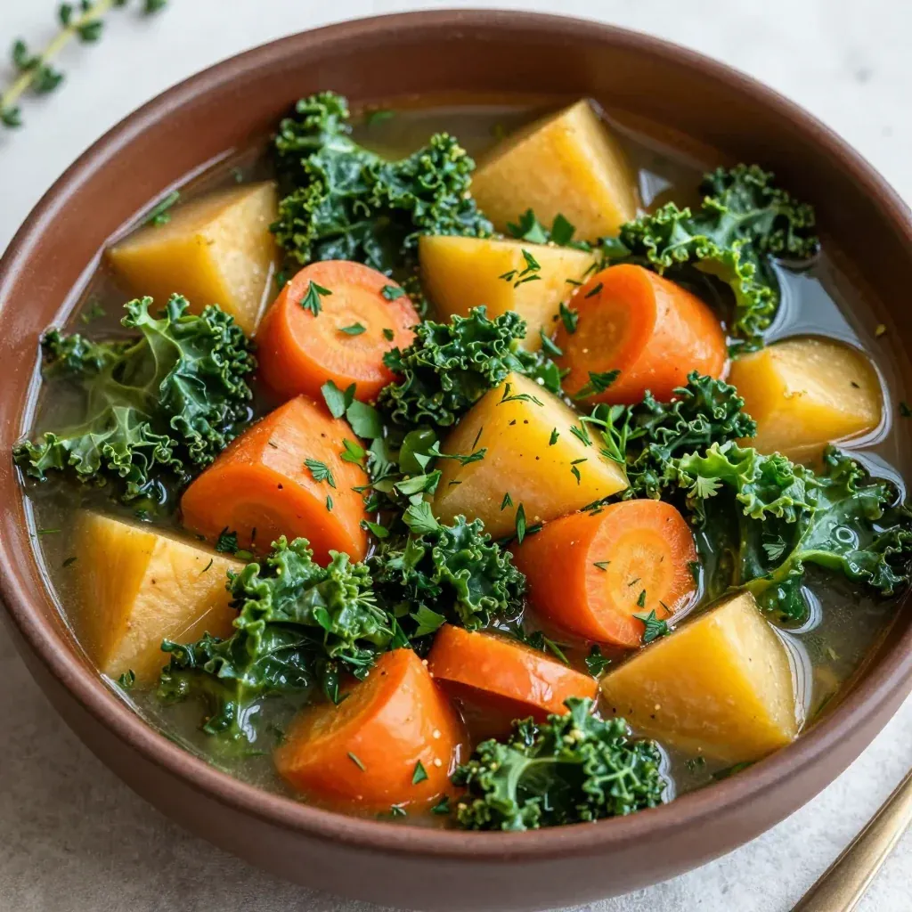 batch cooked root vegetable and kale stew with fresh herbs for easy meals