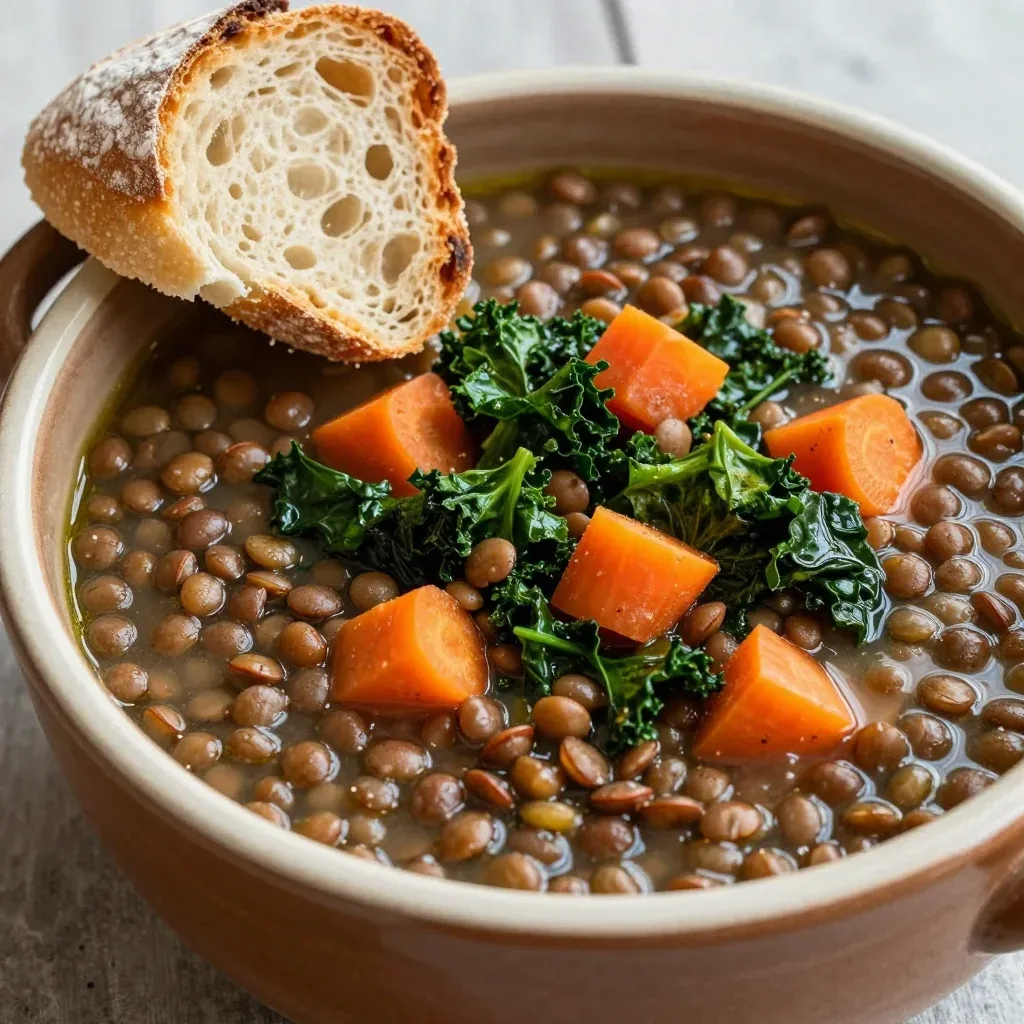 comforting slow cooker lentil soup with kale and carrots for winter
