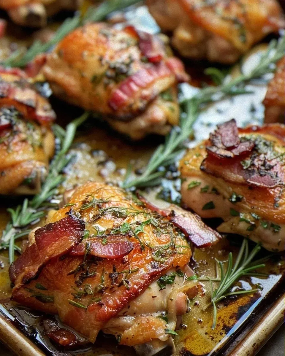 sheet pan chicken thighs with Crispy Bacon