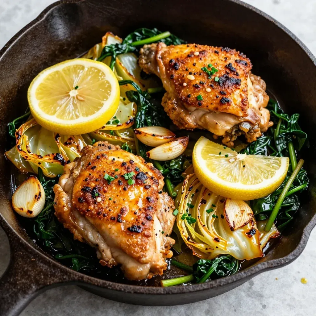 one pot garlic lemon chicken with roasted cabbage and winter greens