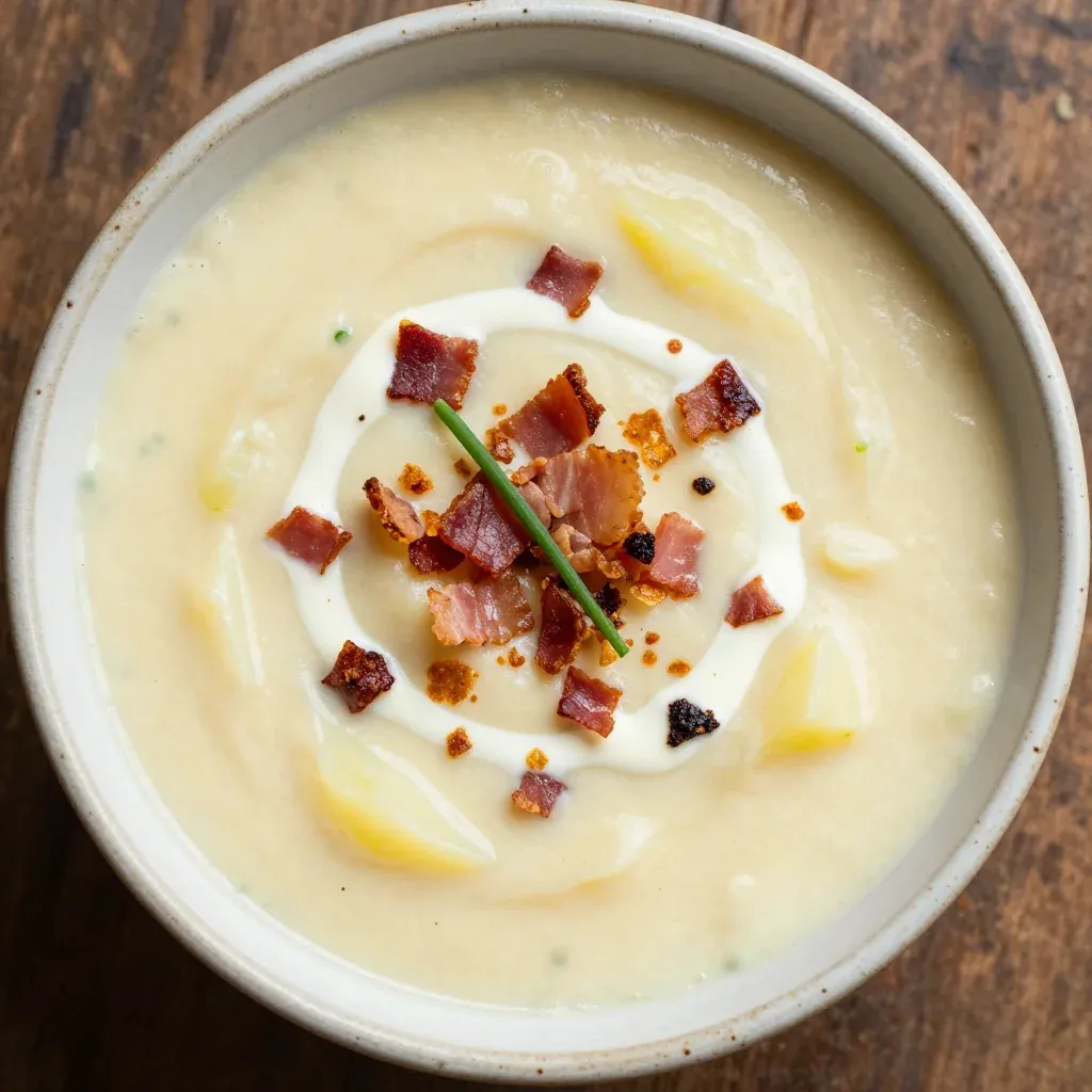 Cozy Creamy Potato and Leek Soup with Crispy Bacon Crumbles