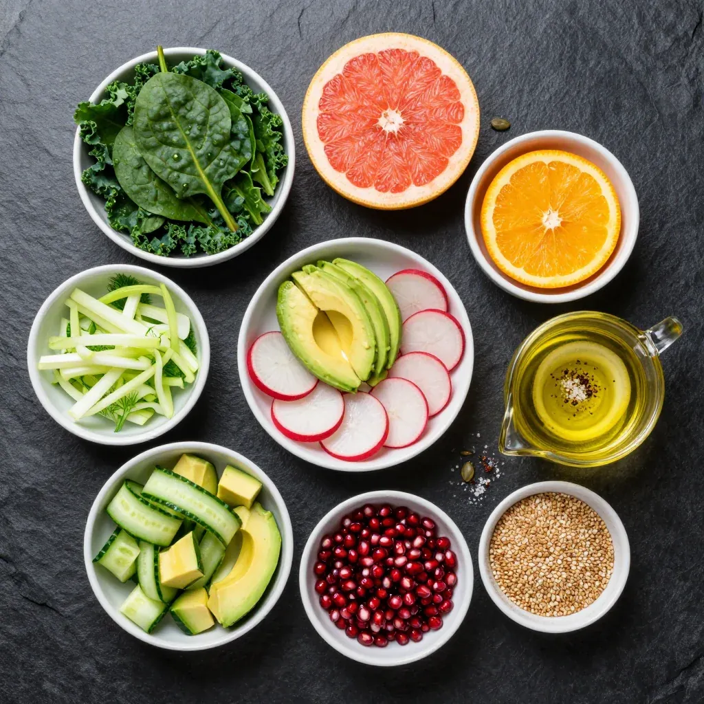Ingredients for light and detoxing citrus salad with winter greens and lemon dressing