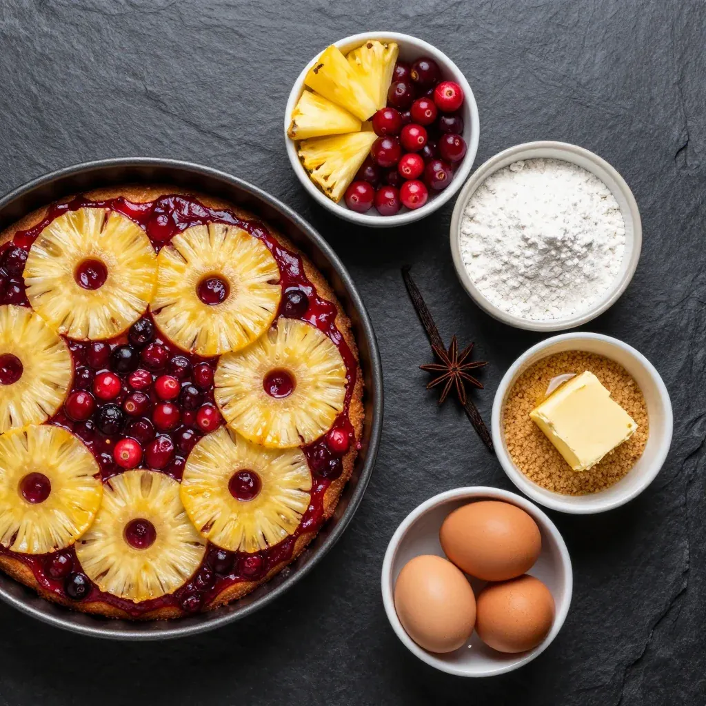 Ingredients for pineapple cranberry upside-down cake for festive celebrations