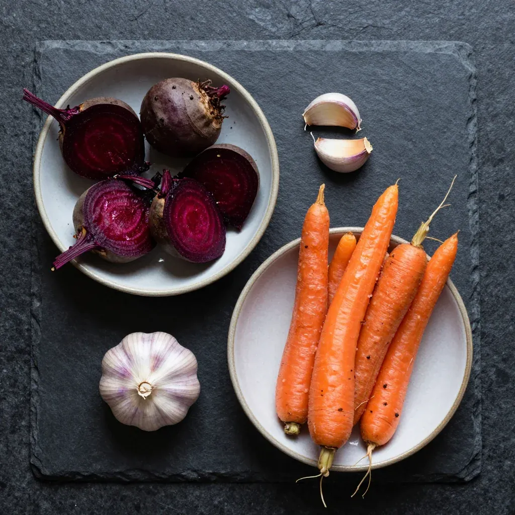 Ingredients for ovenroasted beets and carrots with garlic for nutritious family dinners