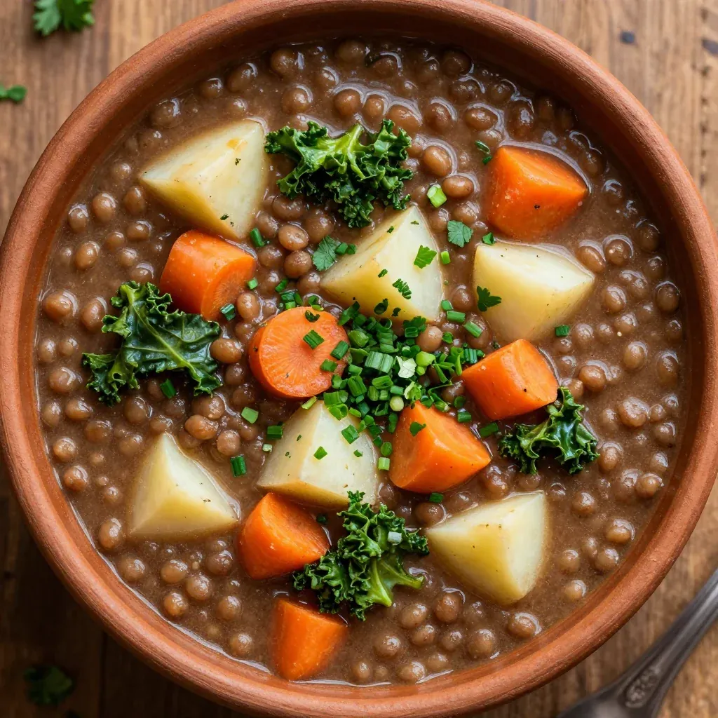 batchcooked lentil and winter vegetable stew with fresh herbs