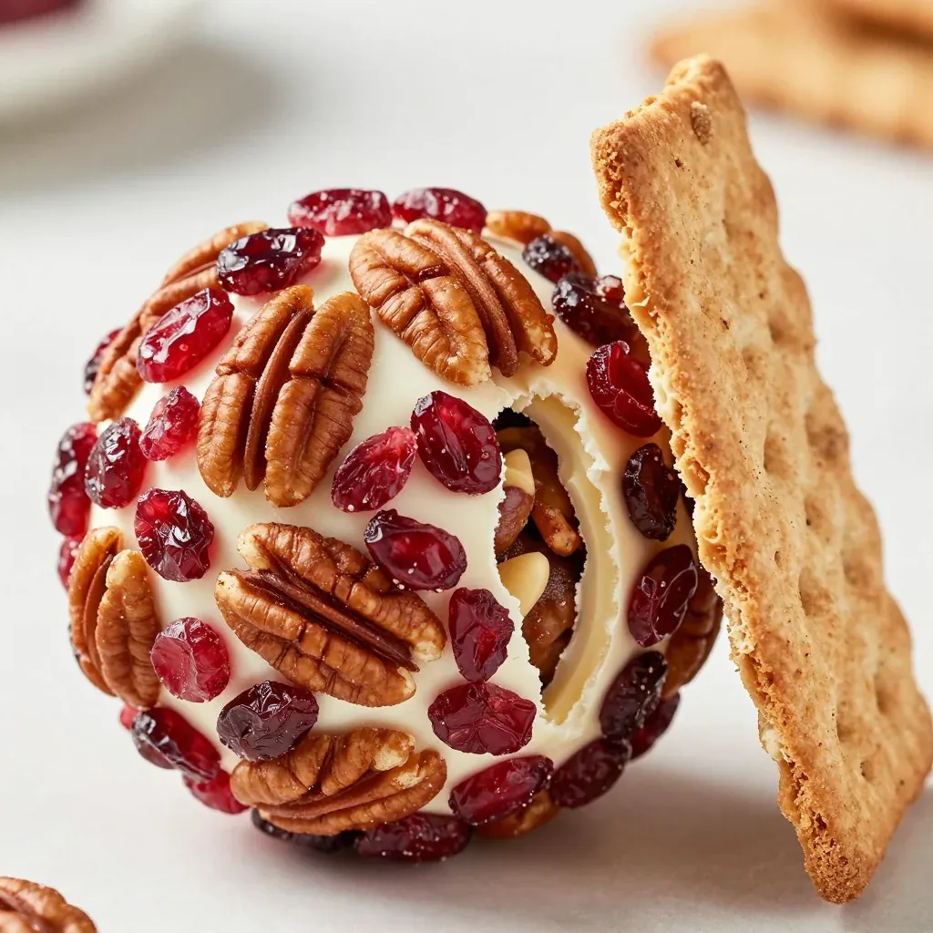 festive holiday cheese ball rolled in cranberries and toasted pecans