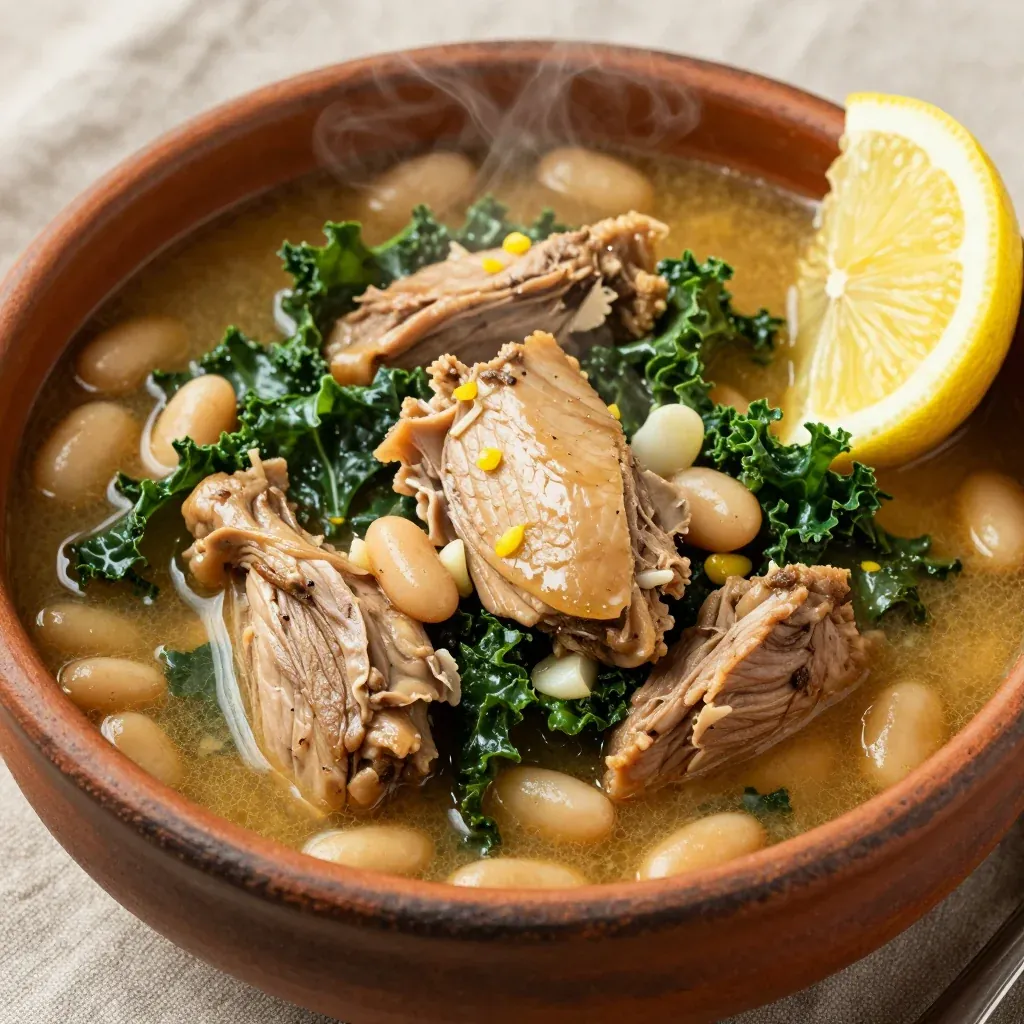 batch cooked turkey and kale stew with lemon and fresh garlic