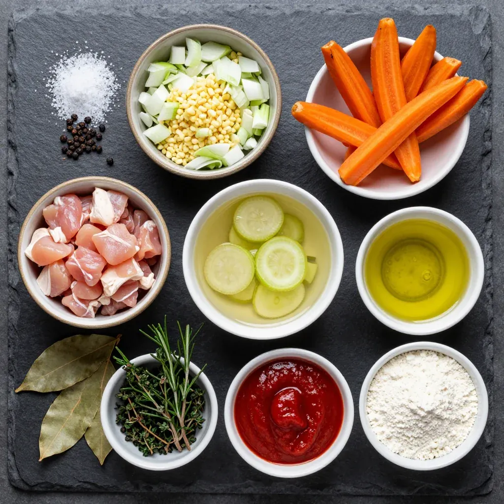 Ingredients for healthy meal prep chicken stew with roasted carrots and parsnips