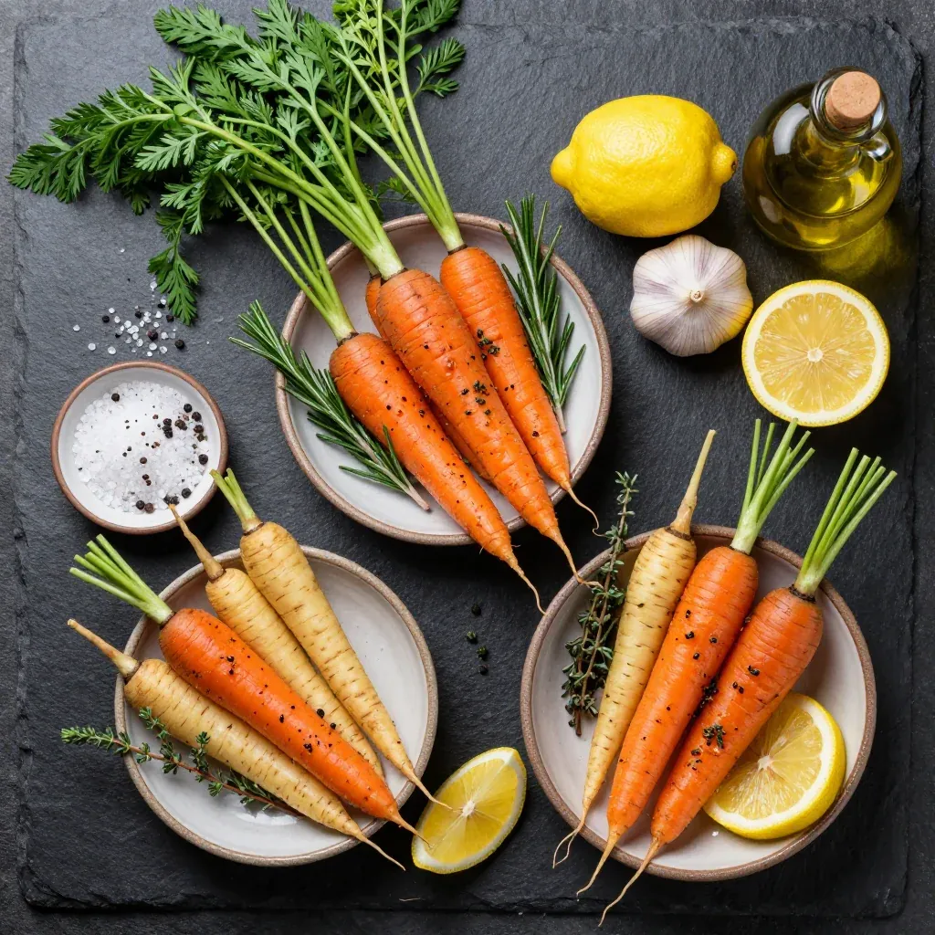 Ingredients for zesty lemon and herb roasted carrots with parsnips for family meals