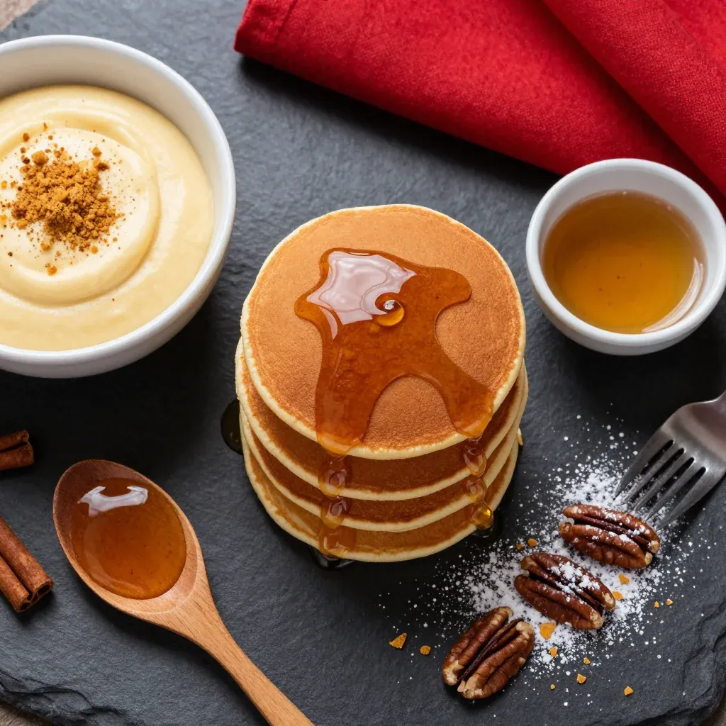 Ingredients for spiced gingerbread pancakes with maple syrup for festive breakfasts