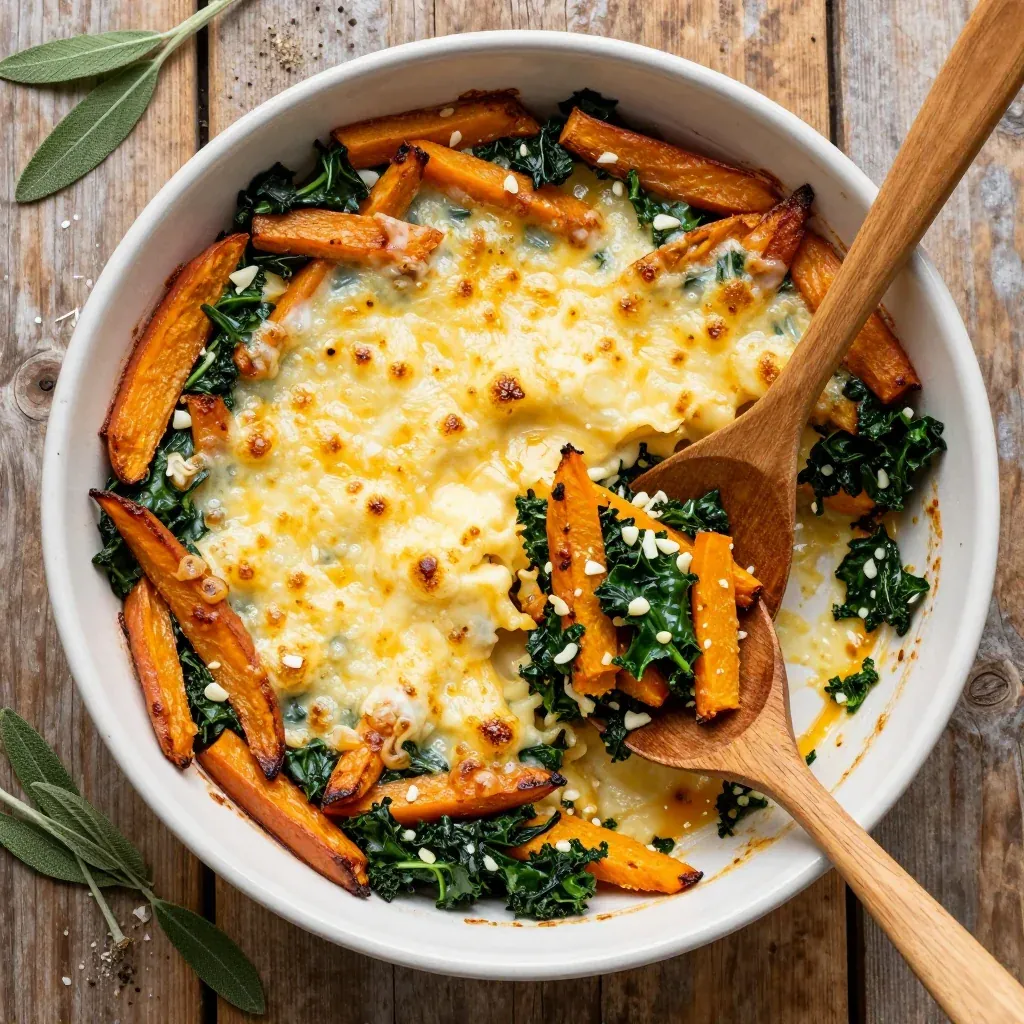 batch cooked sweet potato and kale casserole with garlic for cozy suppers