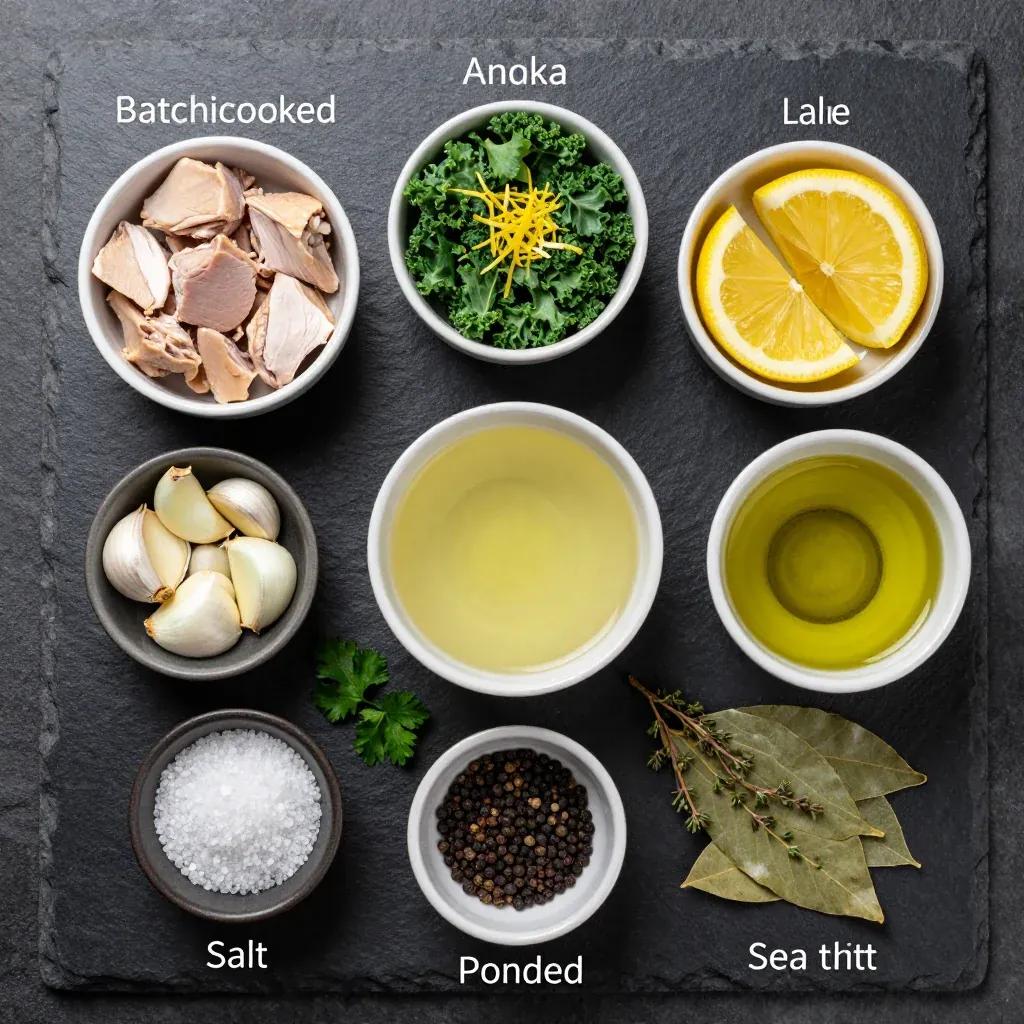 Ingredients for batch cooked turkey and kale stew with lemon and fresh garlic