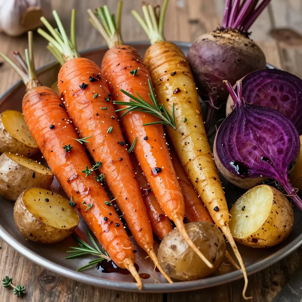 garlic herb roasted root vegetable medley with balsamic glaze