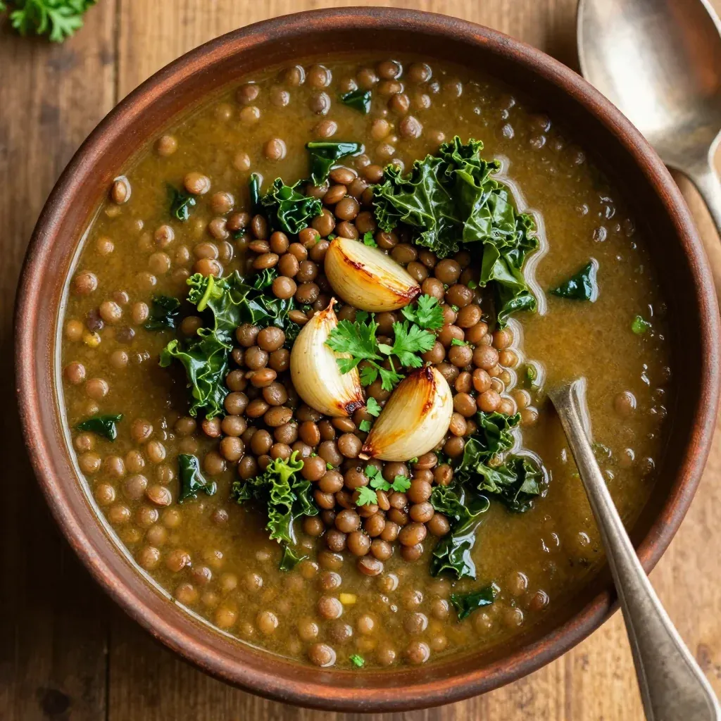 one pot lentil and kale soup with garlic for cozy family dinners