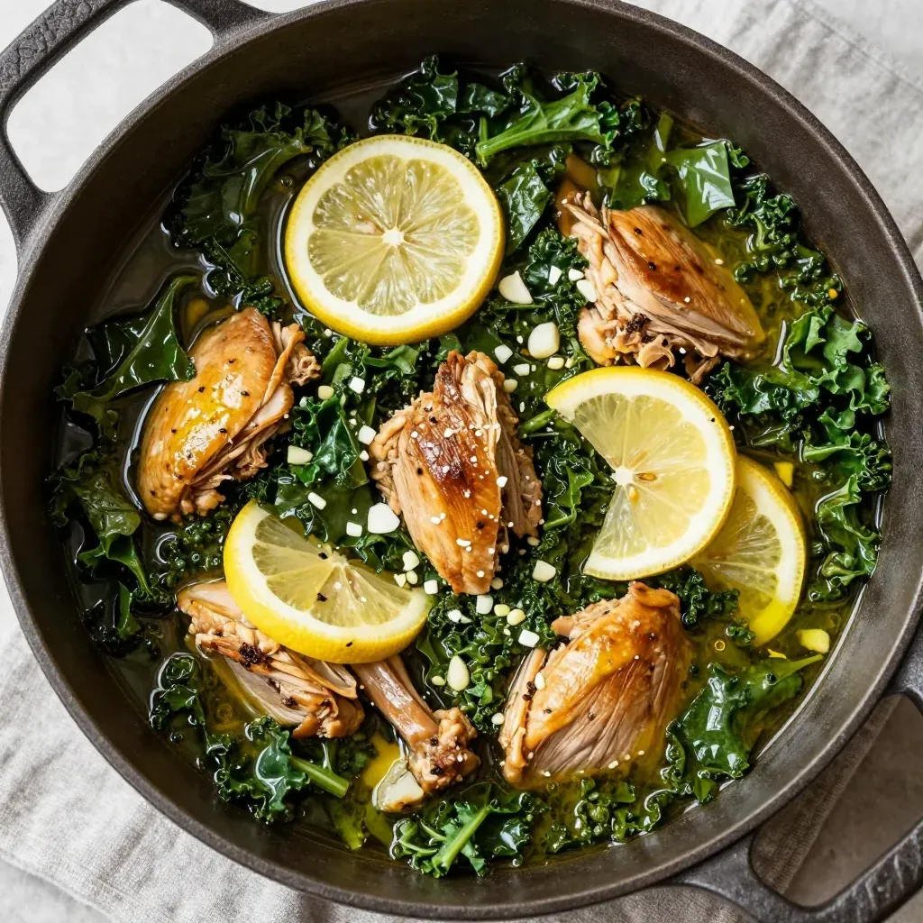 batch cooked turkey and kale stew with lemon and fresh garlic