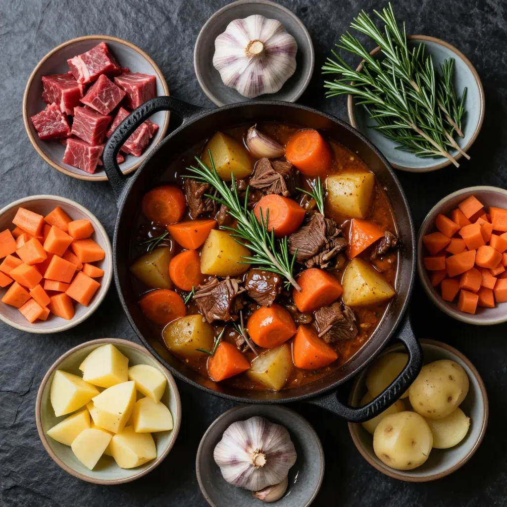 Ingredients for one pot garlic and rosemary beef stew with mixed winter vegetables for families