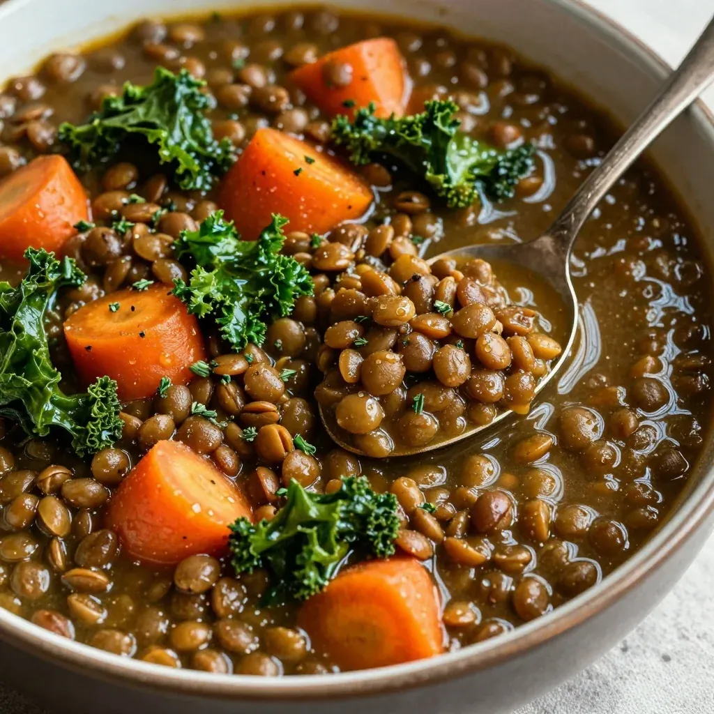 batchcooked lentil and winter vegetable stew with fresh herbs